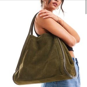 ASOS DESIGN suede tote bag with tubular piping in forest green